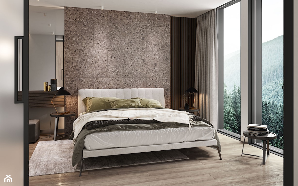 eklektyczna sypialnia, terrazo płytki, betonowe płytki