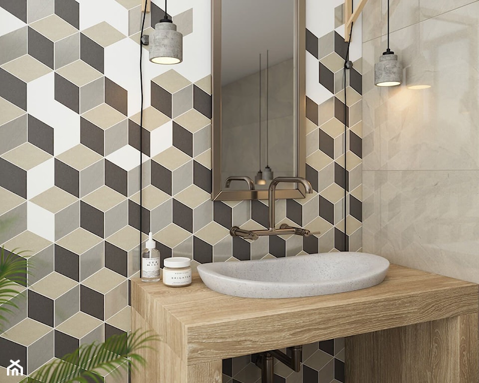mozaika w łazience, drewno w łazience, drewniane blaty