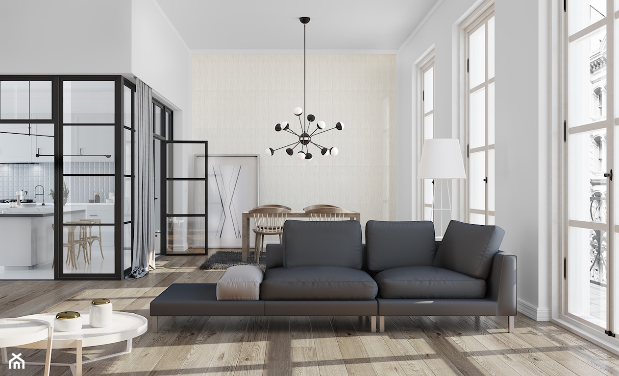 salon w stylu loftowym, minimalistyczny salon, drewniane deski na podłodze, skórzana kanapa