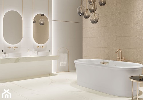 Golden Hills - Duża bez okna z lustrem z dwoma umywalkami z marmurową podłogą łazienka, styl glamour - zdjęcie od Ceramika Paradyż