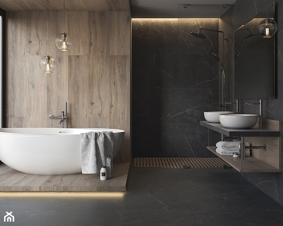 Barro - Średnia z lustrem z dwoma umywalkami z marmurową podłogą z punktowym oświetleniem łazienka z oknem, styl nowoczesny - zdjęcie od Ceramika Paradyż