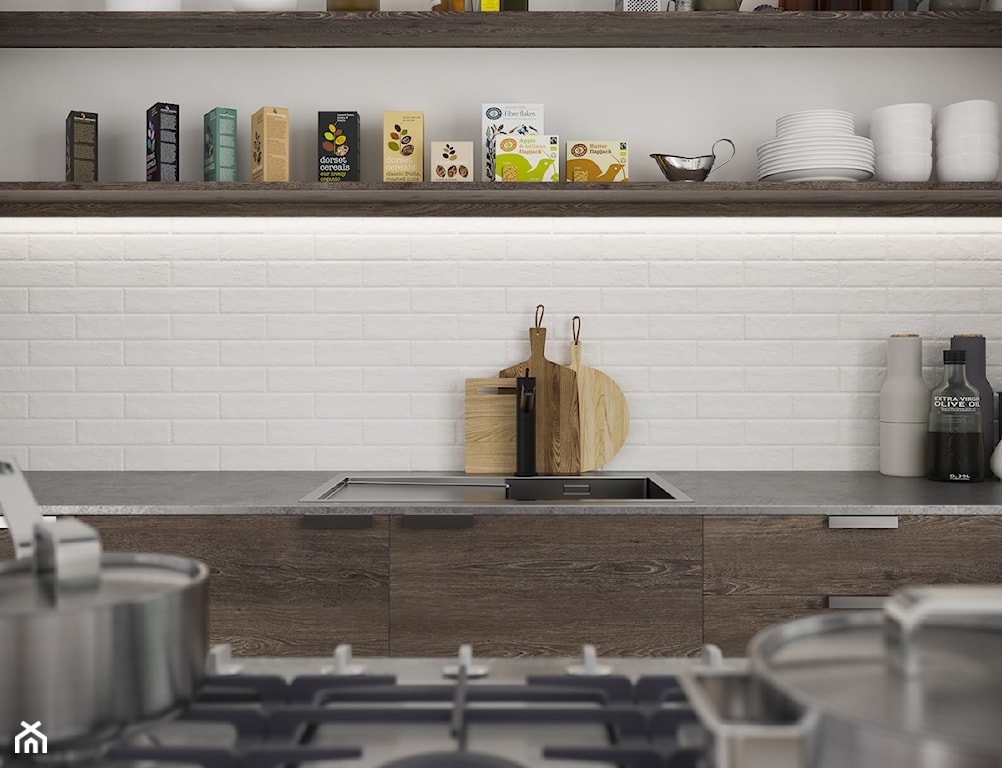 drewniane meble kuchenne, biały klinkier na ścianie, nowoczesna kuchnia