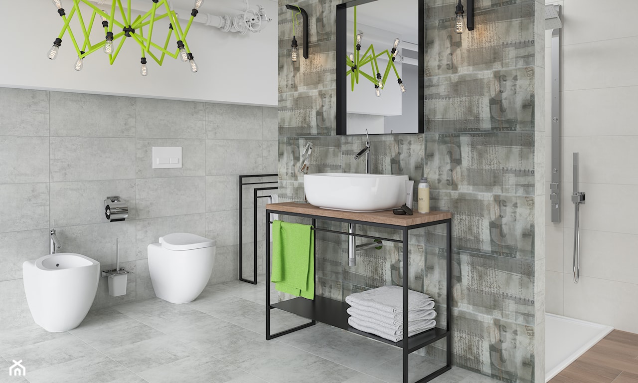 zielony żyrandol, łazienka w stylu industrialnym z bidetem, kafelki z motywem cyfr
