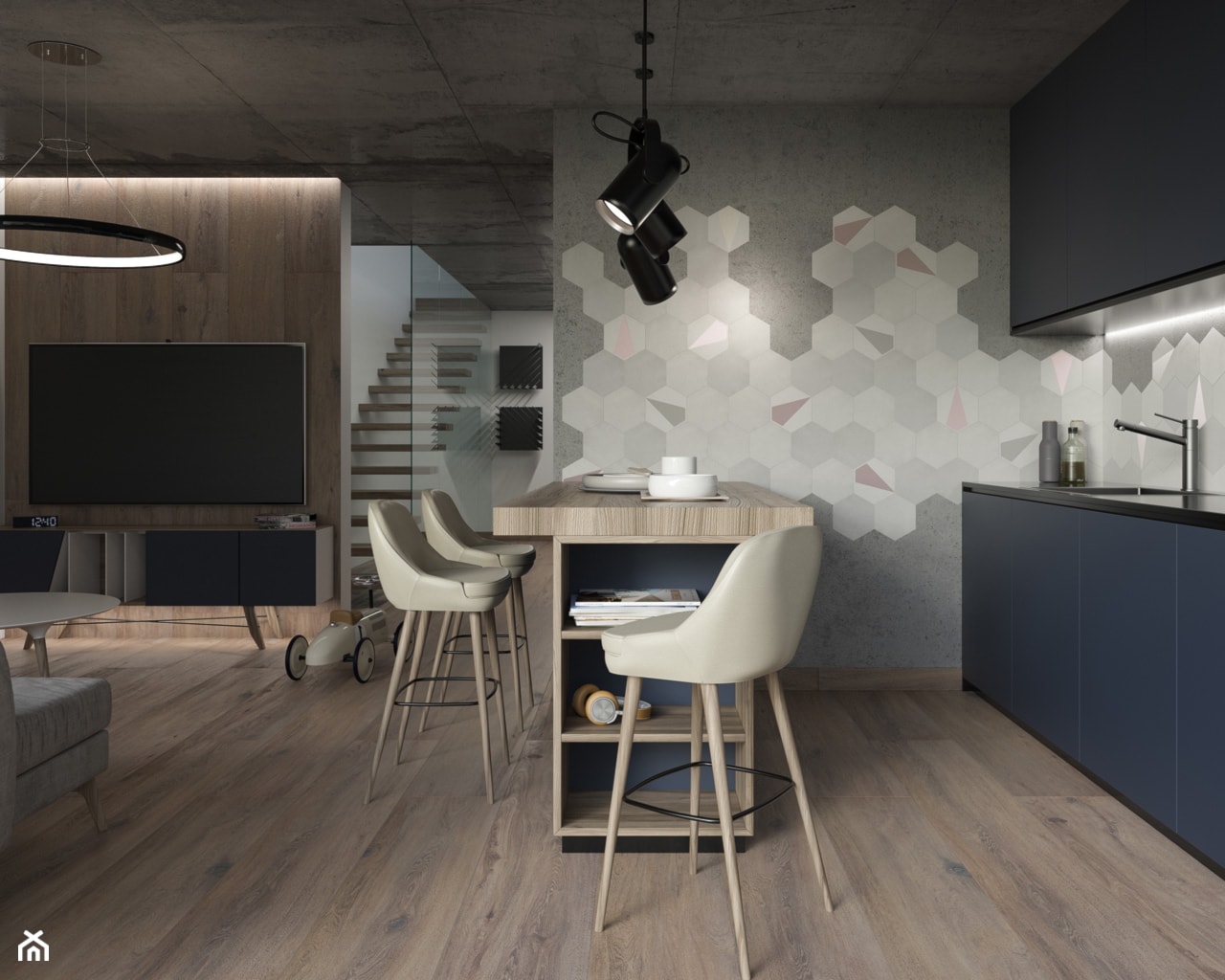 Aveiro - Mała otwarta z salonem z kamiennym blatem szara z podblatowym zlewozmywakiem kuchnia jednorzędowa, styl skandynawski - zdjęcie od Ceramika Paradyż - Homebook