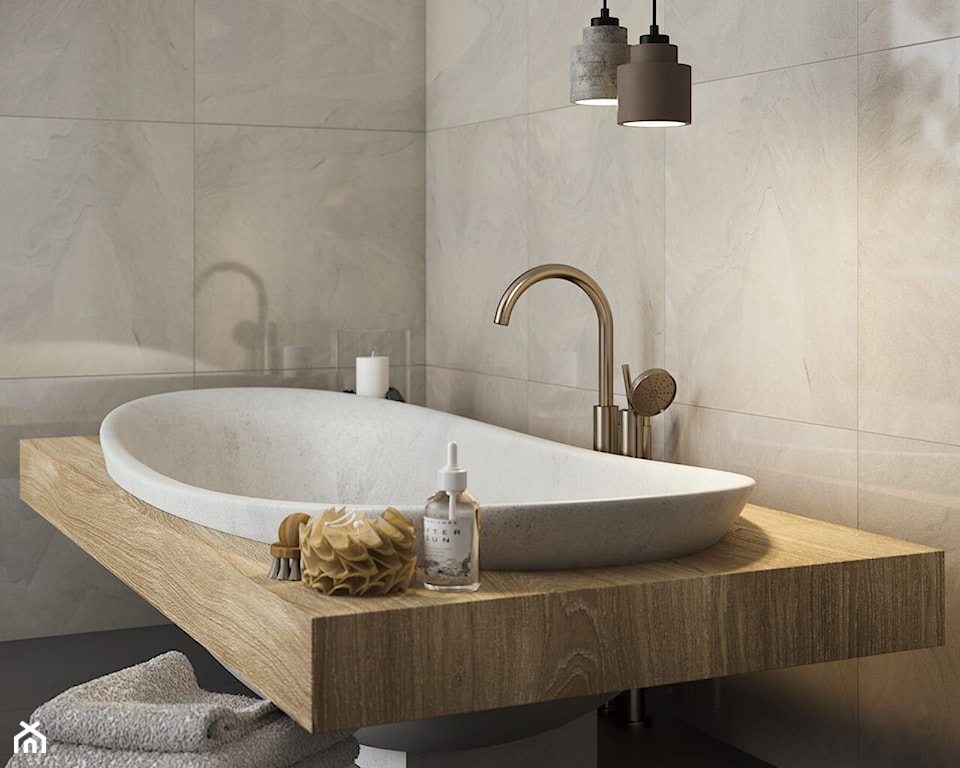 drewno w łazience, łazienka inspirowana naturą, drewniane blaty w łazience