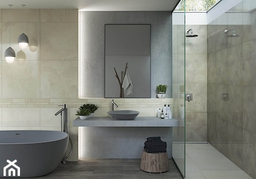 Naturstone - Duża jako pokój kąpielowy z lustrem łazienka z oknem, styl minimalistyczny - zdjęcie od Ceramika Paradyż