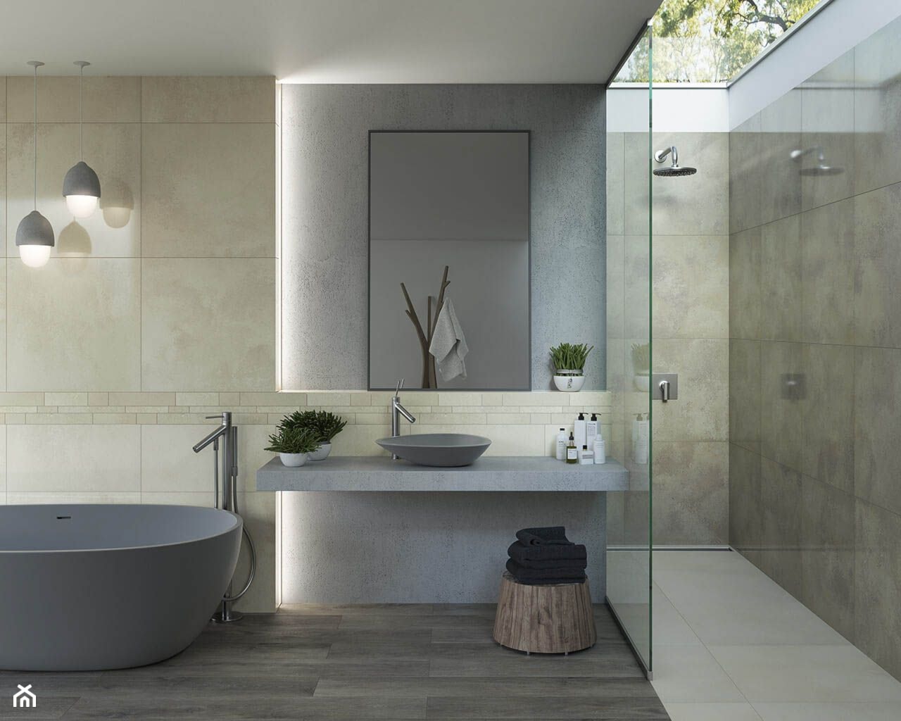 Naturstone - Duża jako pokój kąpielowy z lustrem łazienka z oknem, styl minimalistyczny - zdjęcie od Ceramika Paradyż - Homebook