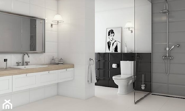 Biało-czarna łazienka, białe i czarne płytki do łazienki, drewniany blat w łazience