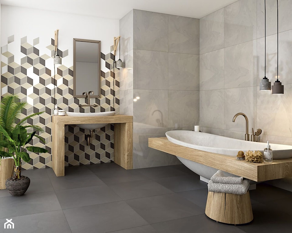 mozaika w łazience, łazienka inspirowana naturą, barwy natury w łazience, drewniane blaty w łazience, drewno w łazience