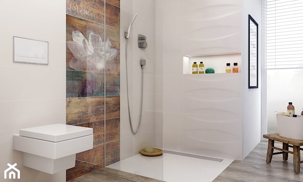 nowoczesna łazienka z kabiną walk-in z dekoracyjnymi płytkami ściennymi