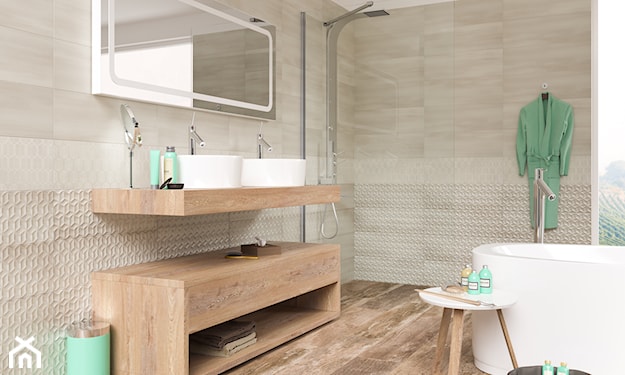 skandynawska łazienka z drewnianym blatem pod umywalkę