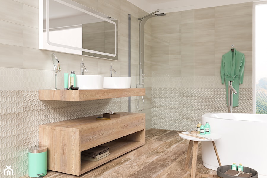 Segura - Duża z dwoma umywalkami łazienka z oknem, styl skandynawski - zdjęcie od Ceramika Paradyż