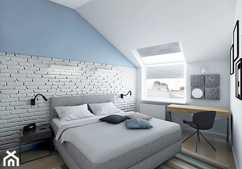 PIASECZNO - Średnia biała niebieska z biurkiem sypialnia, styl skandynawski - zdjęcie od TutajConcept