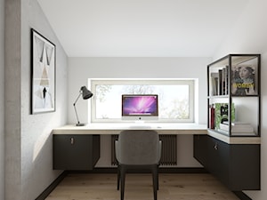 Dom o pow. 90m2 - Małe z zabudowanym biurkiem białe szare biuro, styl industrialny - zdjęcie od TutajConcept