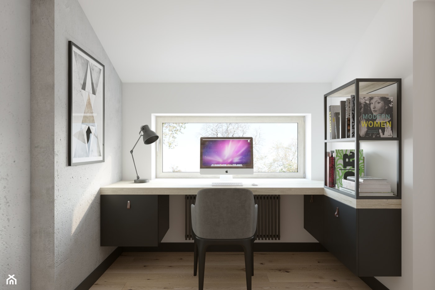 Dom o pow. 90m2 - Małe z zabudowanym biurkiem białe szare biuro, styl industrialny - zdjęcie od TutajConcept - Homebook