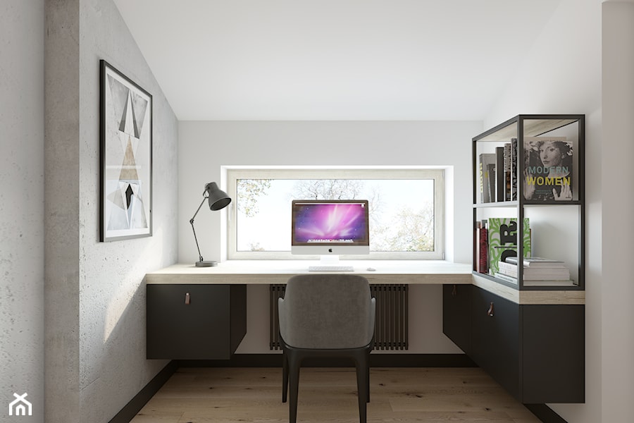 Dom o pow. 90m2 - Małe z zabudowanym biurkiem białe szare biuro, styl industrialny - zdjęcie od TutajConcept