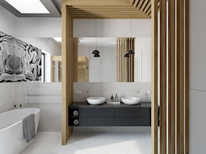 Julianów - dom parterowy - Duża jako pokój kąpielowy z dwoma umywalkami ze szkłem na ścianie łazienka z oknem, styl nowoczesny - zdjęcie od TutajConcept