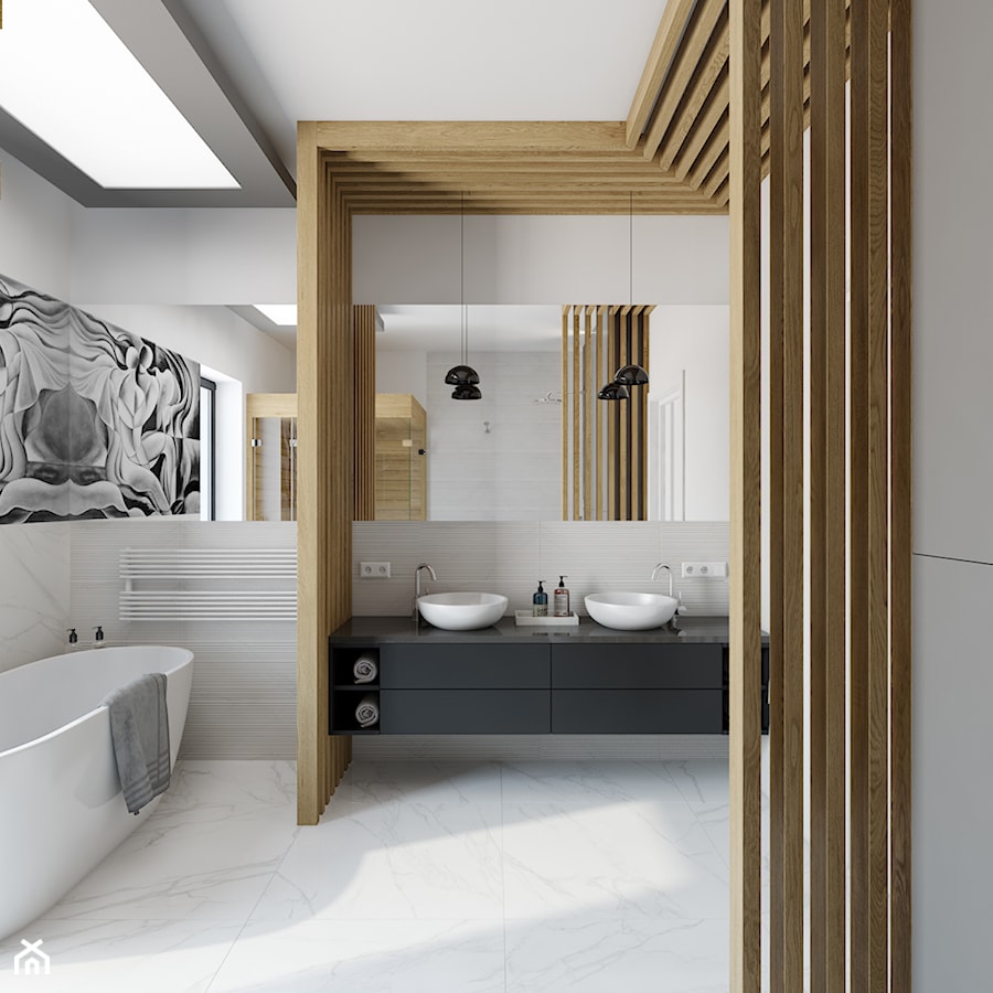 Julianów - dom parterowy - Duża jako pokój kąpielowy z dwoma umywalkami ze szkłem na ścianie łazienka z oknem, styl nowoczesny - zdjęcie od TutajConcept