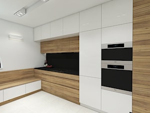 USTANÓW - Średnia otwarta z salonem z kamiennym blatem biała czarna z zabudowaną lodówką kuchnia w kształcie litery l z kompozytem na ścianie nad blatem kuchennym, styl nowoczesny - zdjęcie od TutajConcept