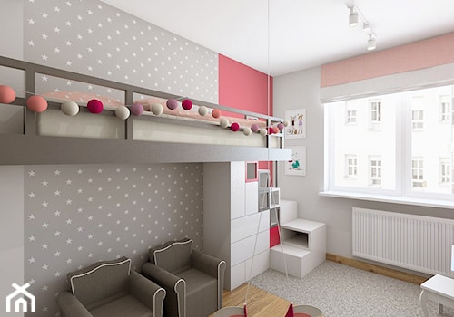 POKÓJ DLA DZIEWCZYNKI - Średni różowy szary pokój dziecka dla dziecka dla dziewczynki, styl nowoczesny - zdjęcie od TutajConcept