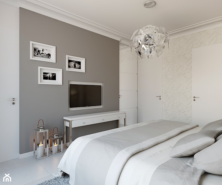 Podkowa Leśna - Średnia biała szara sypialnia, styl glamour - zdjęcie od TutajConcept