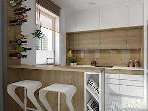 Wilanów - 100m2 - Mała otwarta z salonem biała z zabudowaną lodówką kuchnia w kształcie litery g, styl skandynawski - zdjęcie od TutajConcept