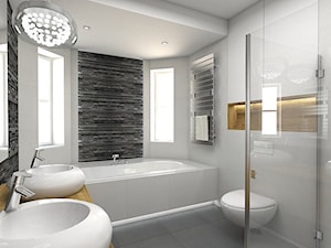 Zalesie Dolne I - Mała na poddaszu z dwoma umywalkami łazienka z oknem, styl nowoczesny - zdjęcie od TutajConcept