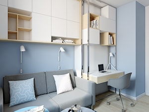 Józefosław - 100m2 - Małe niebieskie białe biuro kącik do pracy w pokoju, styl skandynawski - zdjęcie od TutajConcept