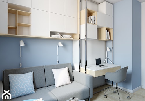 Józefosław - 100m2 - Małe z zabudowanym biurkiem białe niebieskie biuro, styl skandynawski - zdjęcie od TutajConcept