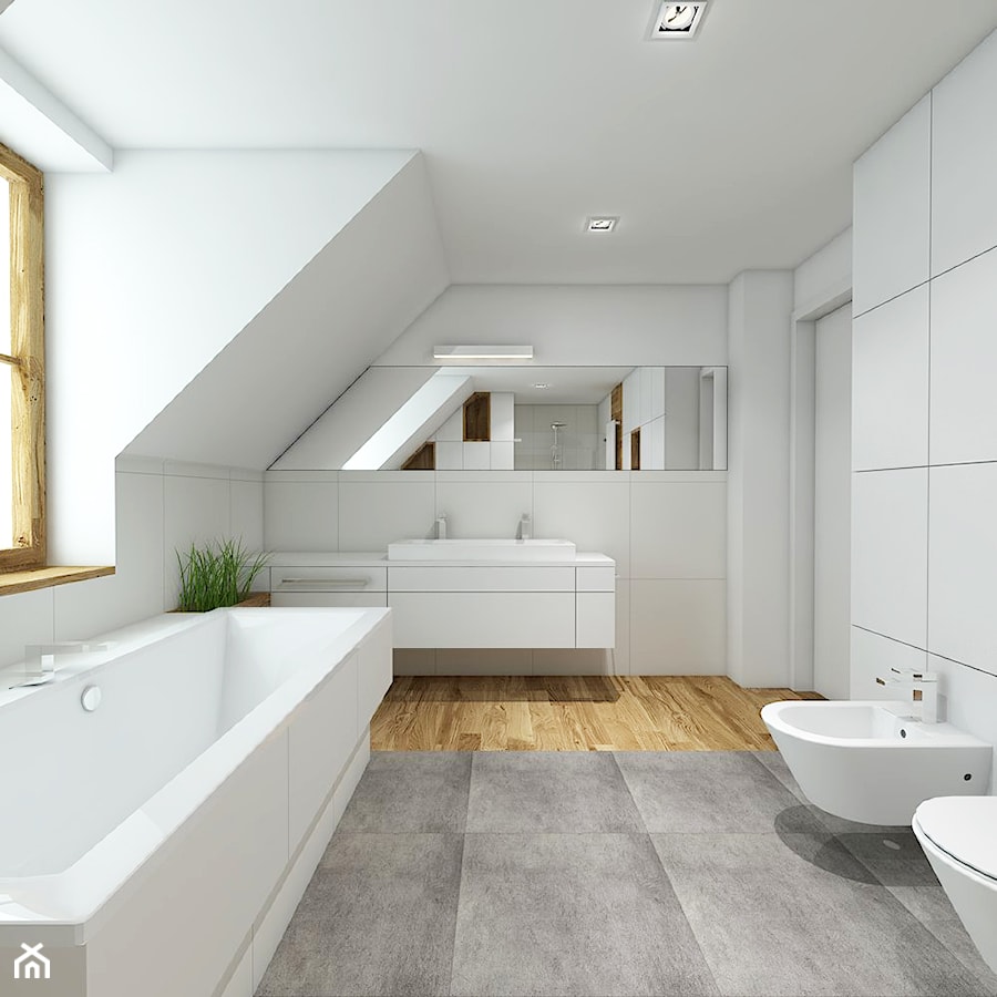 łazienki - Duża na poddaszu z dwoma umywalkami łazienka z oknem, styl nowoczesny - zdjęcie od TutajConcept