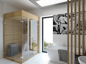 Julianów - dom parterowy - Duża z marmurową podłogą łazienka z oknem, styl nowoczesny - zdjęcie od TutajConcept
