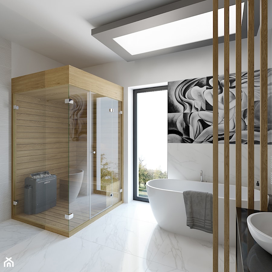 Julianów - dom parterowy - Duża z marmurową podłogą łazienka z oknem, styl nowoczesny - zdjęcie od TutajConcept