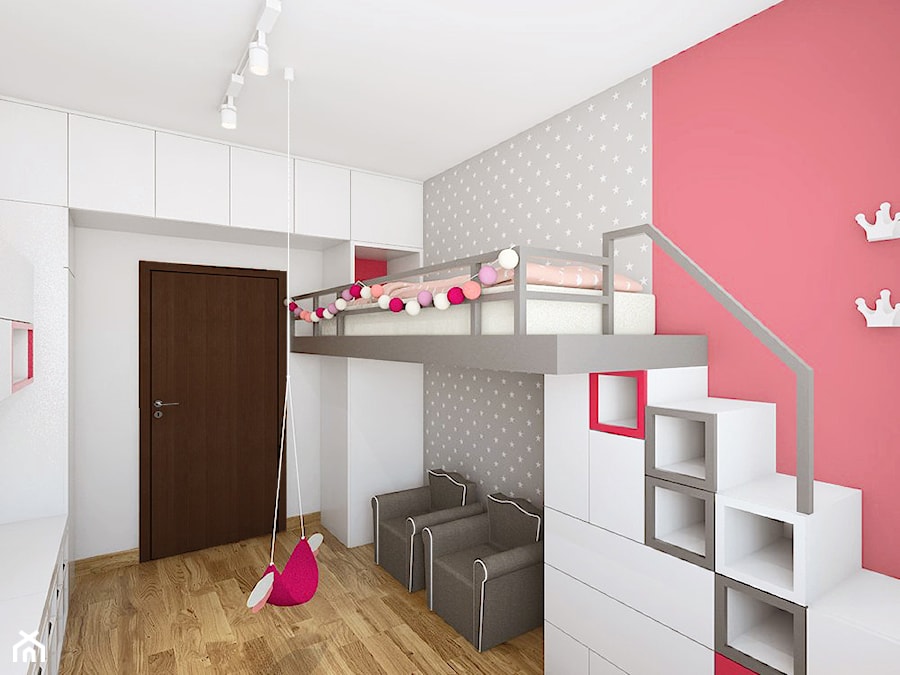 POKÓJ DLA DZIEWCZYNKI - Średni biały różowy szary pokój dziecka dla dziecka dla dziewczynki, styl nowoczesny - zdjęcie od TutajConcept