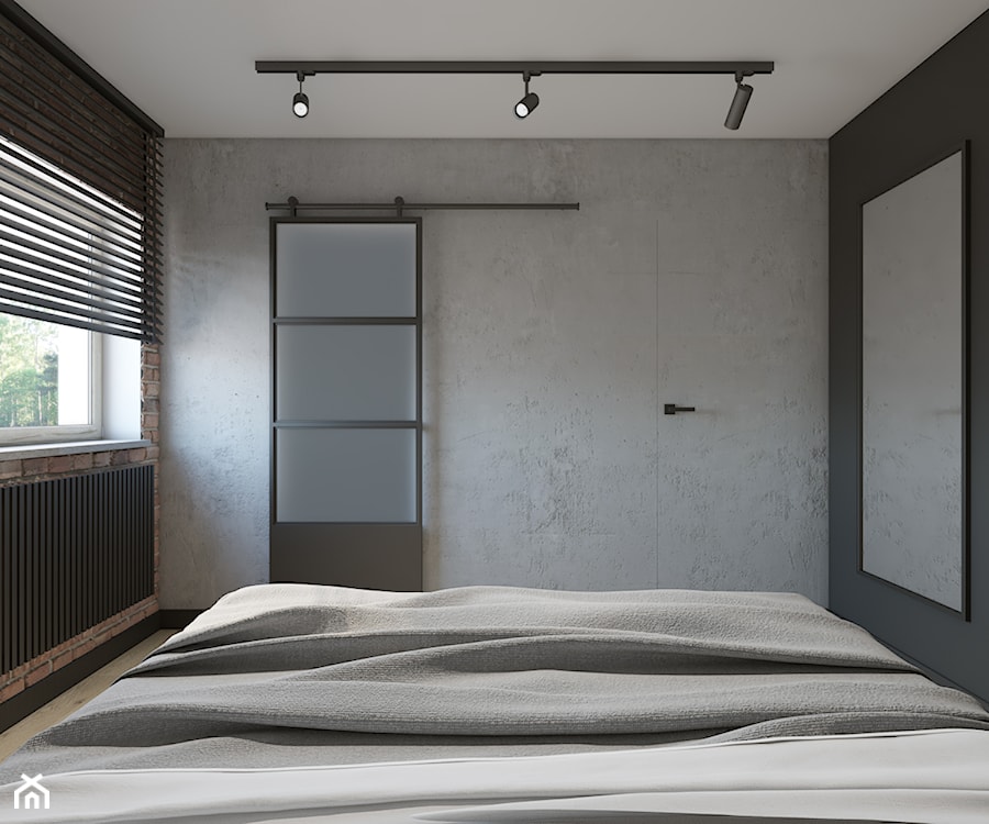 Dom o pow. 90m2 - Mała czarna szara sypialnia, styl industrialny - zdjęcie od TutajConcept