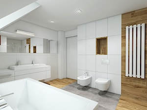 łazienki - Duża na poddaszu z dwoma umywalkami łazienka z oknem, styl nowoczesny - zdjęcie od TutajConcept
