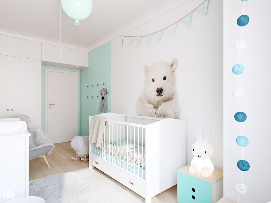 Z nutą glamour - Średni biały zielony pokój dziecka dla niemowlaka dla chłopca dla dziewczynki, styl skandynawski - zdjęcie od TutajConcept