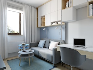 Józefosław - 100m2 - Małe z zabudowanym biurkiem białe niebieskie biuro, styl skandynawski - zdjęcie od TutajConcept