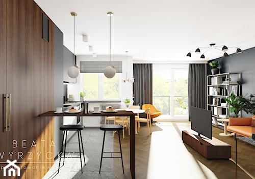 Mieszkanie mid-century modern - Średni szary salon z kuchnią z jadalnią z bibiloteczką, styl nowoczesny - zdjęcie od Beata Wyrzycka