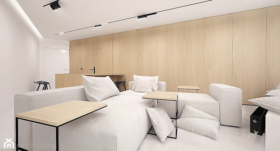 Projekt mieszkania typu studio - Duży biały salon z kuchnią z jadalnią, styl minimalistyczny - zdjęcie od mess architects