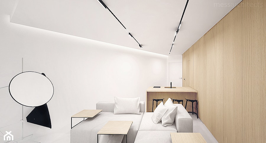 Projekt mieszkania typu studio - Mały biały salon z jadalnią, styl minimalistyczny - zdjęcie od mess architects