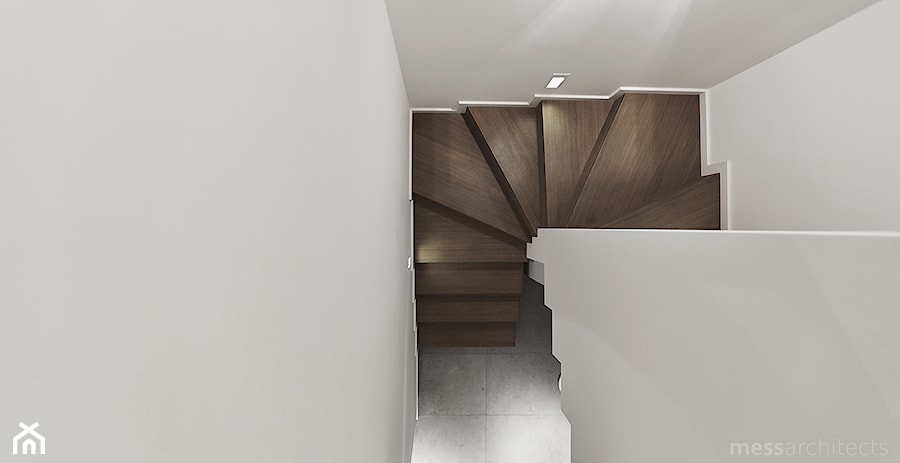 Projekt wnętrza domu pod Łodzią - Schody jednobiegowe zabiegowe wachlarzowe drewniane, styl nowoczesny - zdjęcie od mess architects