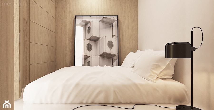 Projekt mieszkania typu studio - Mała beżowa sypialnia, styl minimalistyczny - zdjęcie od mess architects