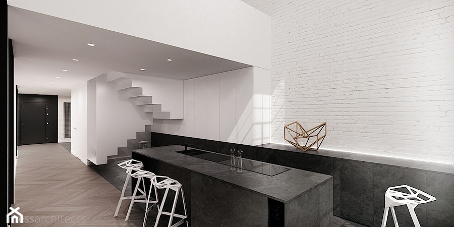 Łódzki loft - Duża otwarta z salonem biała z zabudowaną lodówką kuchnia jednorzędowa z wyspą lub półwyspem, styl minimalistyczny - zdjęcie od mess architects