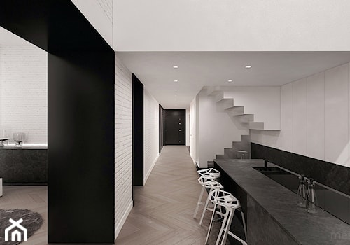 Łódzki loft - Średnia otwarta z salonem z kamiennym blatem biała z zabudowaną lodówką kuchnia jednorzędowa, styl minimalistyczny - zdjęcie od mess architects