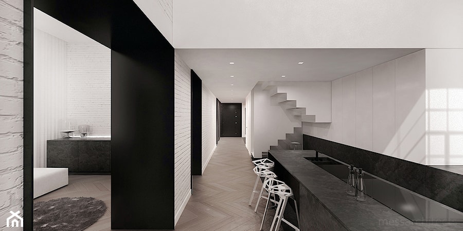 Łódzki loft - Średnia otwarta z salonem z kamiennym blatem biała z zabudowaną lodówką kuchnia jednorzędowa, styl minimalistyczny - zdjęcie od mess architects