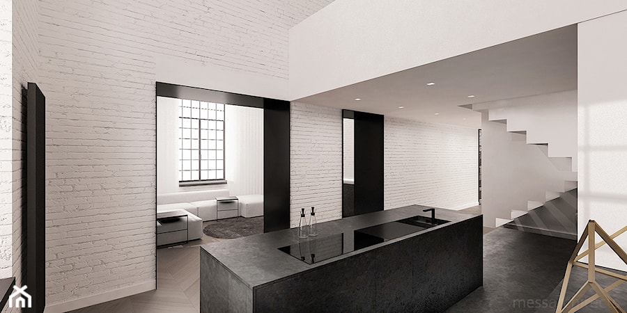 Łódzki loft - Duża otwarta kuchnia z wyspą lub półwyspem, styl minimalistyczny - zdjęcie od mess architects