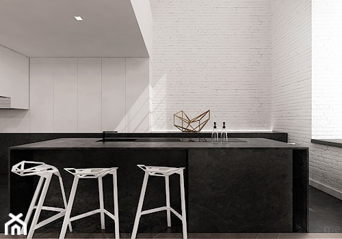 Łódzki loft - Duża biała z zabudowaną lodówką z podblatowym zlewozmywakiem kuchnia dwurzędowa z wyspą lub półwyspem, styl minimalistyczny - zdjęcie od mess architects