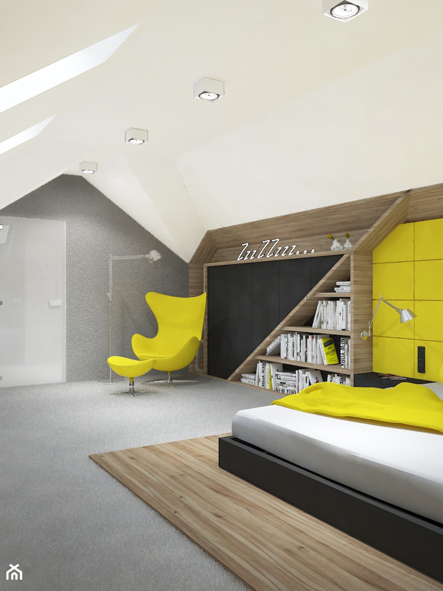 Dom z bali nad Zalewem Sulejowskim - Szara sypialnia na poddaszu, styl nowoczesny - zdjęcie od Design Factory Studio Projektowe
