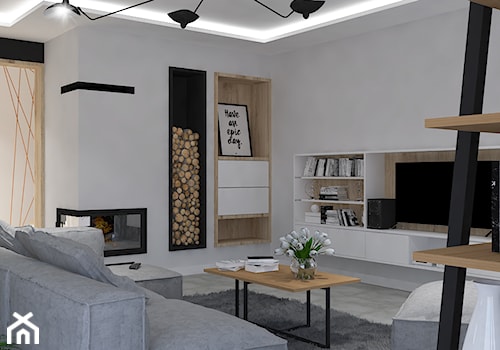 Dom jednorodzinny w Rąbieniu - Średni biały salon z bibiloteczką, styl nowoczesny - zdjęcie od Design Factory Studio Projektowe