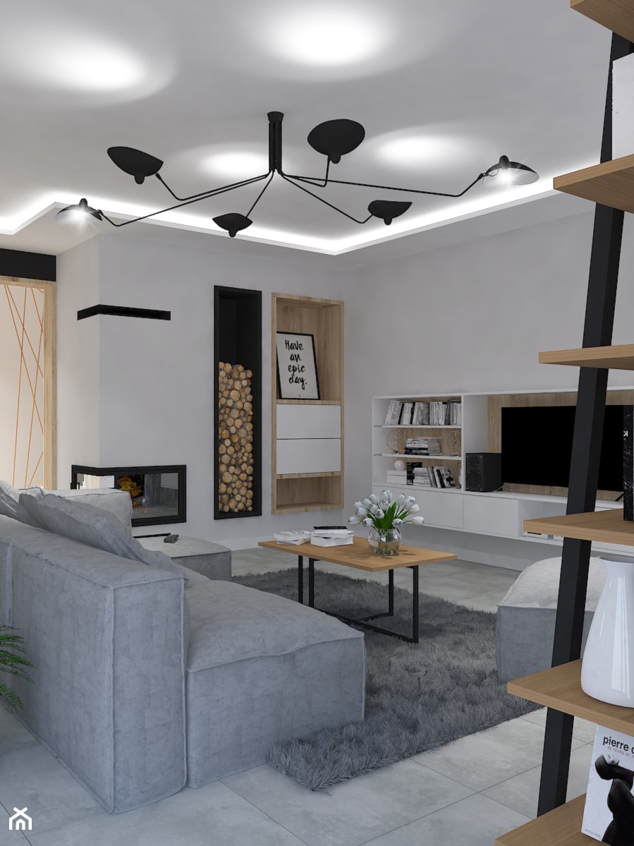 Dom jednorodzinny w Rąbieniu - Średni biały salon z bibiloteczką, styl nowoczesny - zdjęcie od Design Factory Studio Projektowe